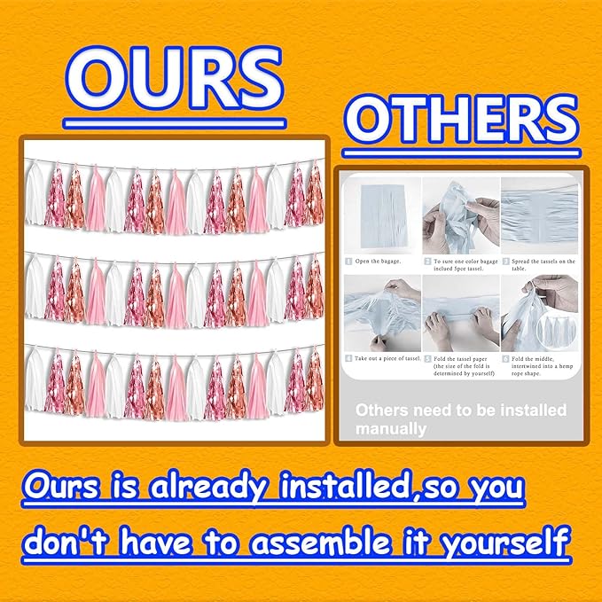 3P Metallic Fringe Tassel Banner Garland Foil Tinsel Streamer Wall Hanging Curtain Backdrop for Parade Floats, Graduation, Wedding, Birthday, Retirement Party Decorations(Rose-Gold Pink White)