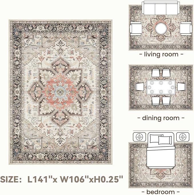 Area Rug 9x12 for Living Room, Medallion Printed Ultra-Thin Soft Large Carpet, Oriental Non Slip Big Washable Fade Stain Resistant Rugs for Bedroom Dining Room Home Office Decor