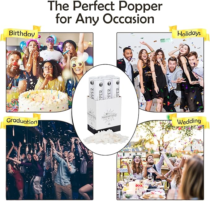 Clover Products 12" Biodegradable Confetti Cannons | 6 Pack | White Poppers for Weddings, Birthdays & Events | Air-Powered, Safe & Easy to Use | Shoots 25 Feet for Indoor & Outdoor Celebrations