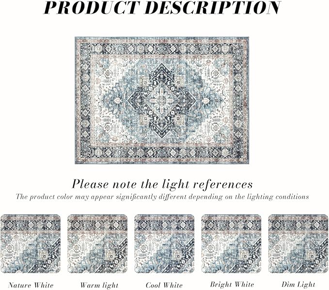 Area Rug 5×7, Vintage Boho Rug,Ultra-Soft Low Pile, Washable, Non Slip,Stain Resistant Printed Carpet for Living Room Bedrooms Playroom Office Kitchen, Blue/Navy
