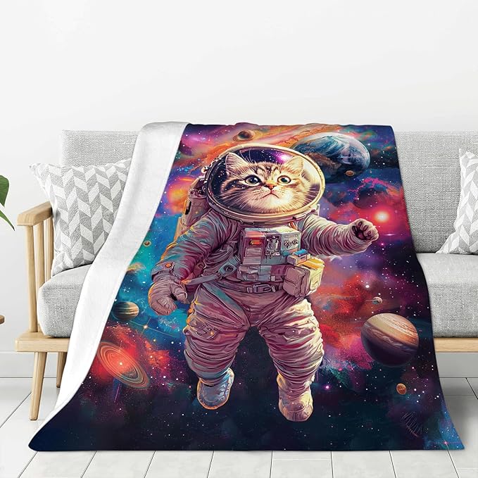 Cat Blanket, Galaxy Space Throw Blankets, Cat Gifts for Boys Girls Women Men Lover Adult Cozy Fleece Flannel Bedding Stuff Animal Plush for Couch Sofa Bed Decor 60"X50"