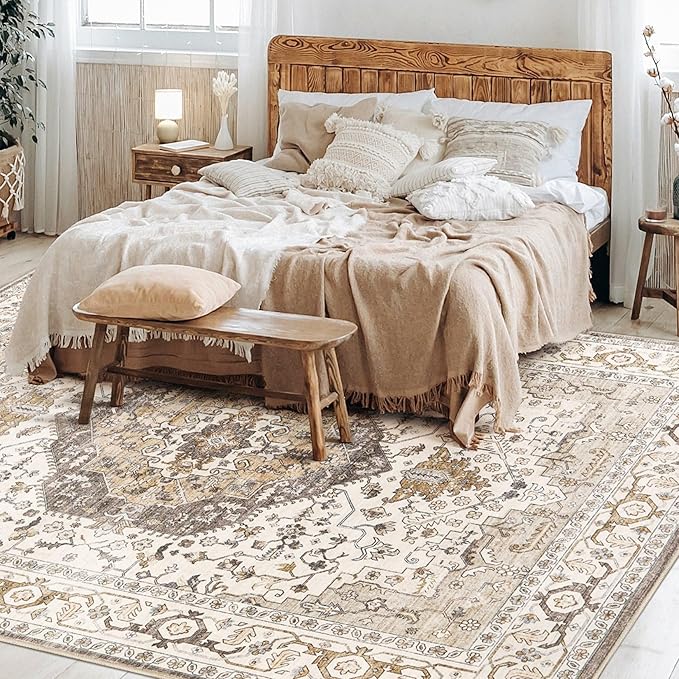 Area Rug for Living Room - 6x9 Soft Washable Oriental Vintage Floral Distressed Large Carpet - Fade Stain Resistant Non Slip Rugs for Bedroom Dining Room Nursery Dorm Office Home Decor-Camel/Beige