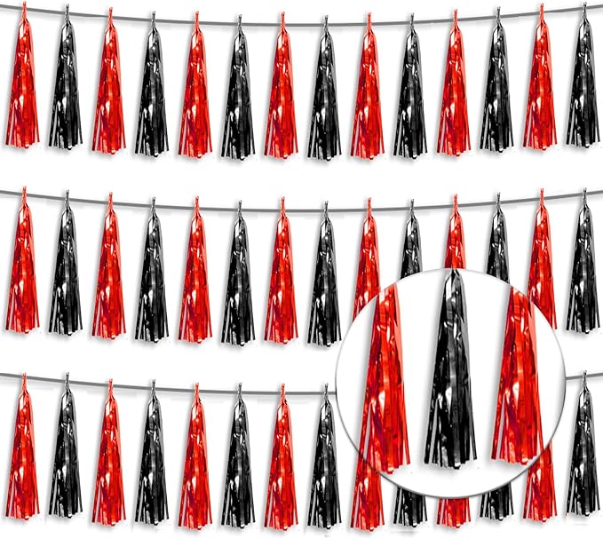 3P Metallic Fringe Tassel Banner Garland Foil Tinsel Streamer Wall Hanging Curtain Backdrop Banner for Parade Floats, Halloween Decorations, Christmas Day Party Decoration(Black red)