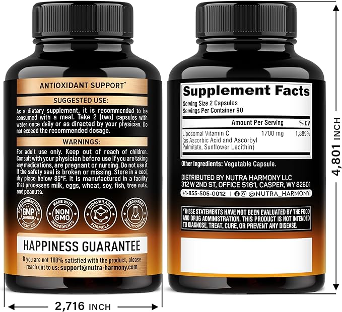 Liposomal Vitamin C 1700 mg - High Absorption Fat Soluble Complex - Antioxidant, Energy Boost & Immune Support - Vitamin C Supplement Made in USA - NON-GMO, SOY-Free & Gentle on Stomach - 180 Capsules