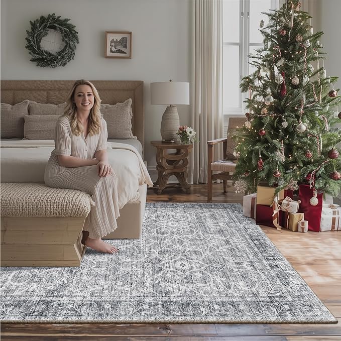 6x9 Washable Rug Vintage Fade Resistant Boho Distressed Non-Slip Indoor Large Carpet Low Pile Lightweight & High-Traffic Safe for Bedroom, Dorm, Playroom - Farmhouse Decor