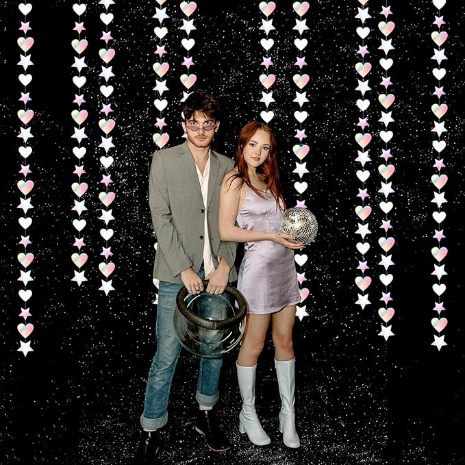 Iridescent Disco-Holographic Party-Decorations Star Heart-Garland - 52Ft Neon Wedding Hanging Paper Streamers Banner,Birthday Bachelorette Baby Bridal Shower Engagement Decor Ouruola