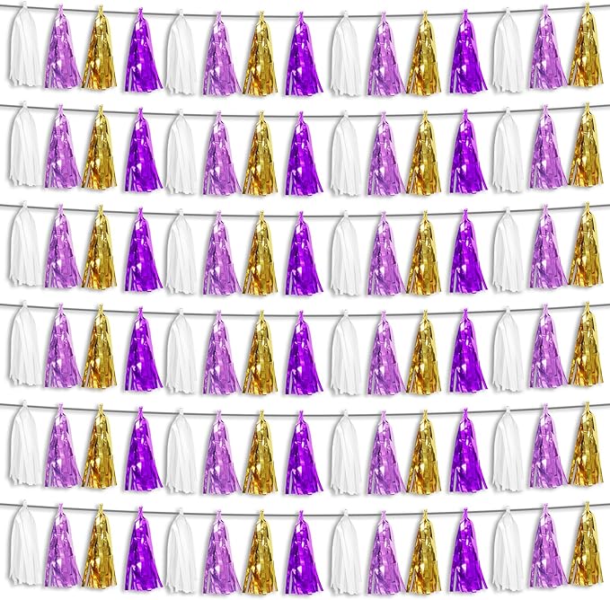 6P Purple-Gold Party Decoration Tassel Garland, Tassels Banner Streamers for Parade Floats, Bachelorette, Wedding, Birthday, Graduation, Christmas, Bridal/Baby Shower Party Decorations