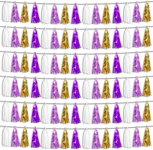 6P Purple-Gold Party Decoration Tassel Garland, Tassels Banner Streamers for Parade Floats, Bachelorette, Wedding, Birthday, Graduation, Christmas, Bridal/Baby Shower Party Decorations