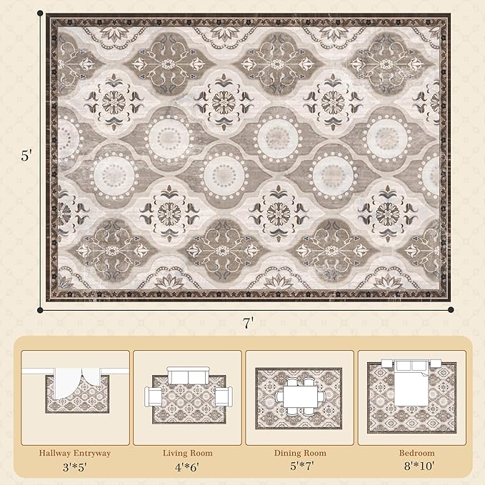 EnHomee Area Rugs 5x7, Soft Washable Rugs for Living Room Bedroom, Boho Non Slip Low Pile Stain Resistant Washable Rug Large Carpet for Dining Room,Easy to Clean Living Room Rug, Khaki