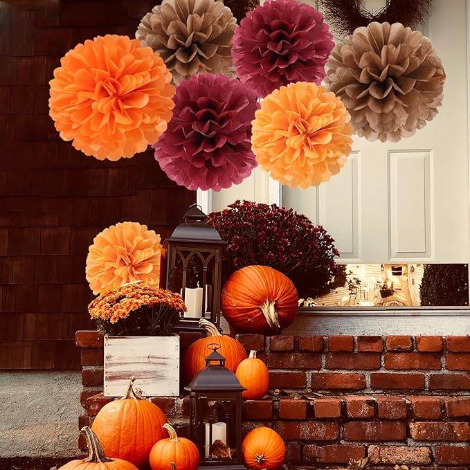Boho Baby-Shower Burgundy-Brown Orange Party-Decorations - 23pcs Thanksgiving Fall Autumn Tissue Pom Poms Streamers,Neutral Birthday Rustic Wedding Bridal Engagement Tassel Garland Banner Ouruola