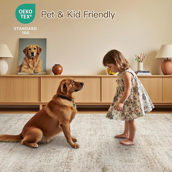 Lofus 8x10 Area Rug for Living Room,Beige Washable Large Rugs with Non-Slip Backing,Soft Neutral Carpets for Bedroom Dining Room Home Office Indoor Nursery