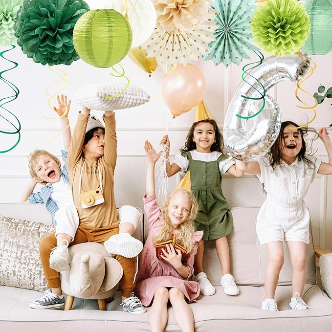 Sage Green Champagne-Gold Birthday Party-Decorations - 21pcs Happy Banner,Olive Retro Paper Lanterns Pom Poms,Rustic Boho Neutral Streamers Garland,Women Girls Boy Decor Supplies Huglony