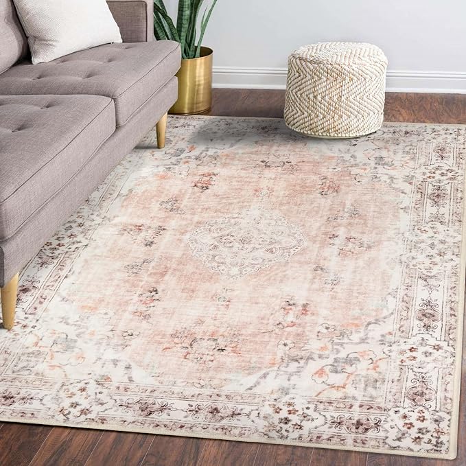 MUJOO 5'x7' Area Rugs Pink Machine Washable Boho Rug for Bedroom,Living Room, Laundry Room Kitchen Non Slip Carpet Abstract Soft Low-Pile Floral