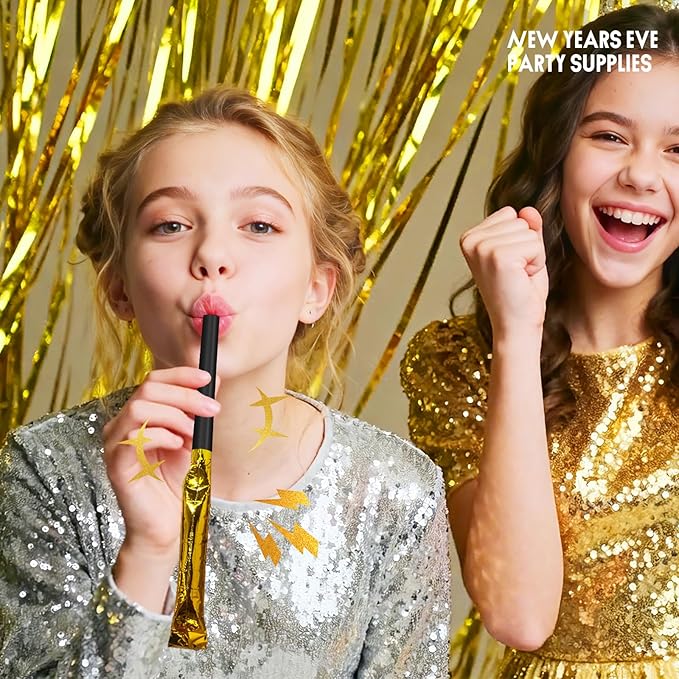 New Years Eve Party Supplies 2026-12-Pack Jumbo Party Blowers | Extends to 11 Inches with 4.3 Inch Handle | Gold Noisemakers & Whistles for Birthday, Celebration Favors & Adult Parties