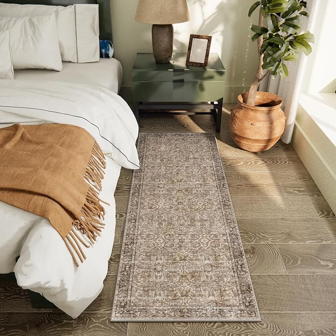 2'x6' Washable Runner Rug Utral Soft Lightweight Vintage Boho Distressed Non-Slip Backing,Low Pile Stain Resistant Farmhouse Rug for High-Traffic Hallway, Kitchen & Laundry