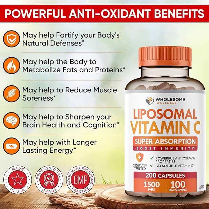 Wholesome Wellness Liposomal Vitamin C Capsules (200 Pills 1500mg Buffered) High Absorption, Immune System & Collagen Booster, High Dose Fat Soluble Immunity Support Ascorbic Acid, Natural Vegan