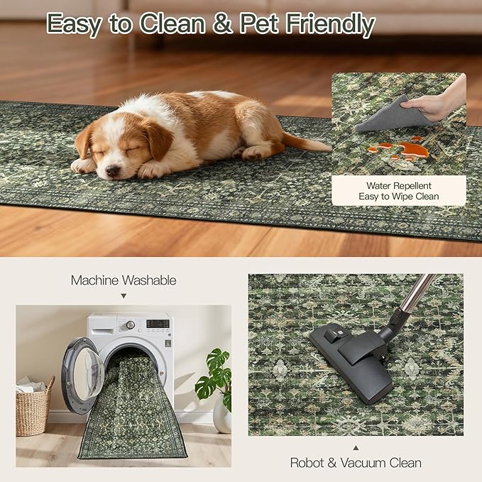 Lofus 2X 8 Runner Rug for Hallways,Green Washable Runner Rugs with Non Slip Rubber Backing, Low Pile Soft Carpet Runner for Kitchen Bathroom Bedroom Laundry
