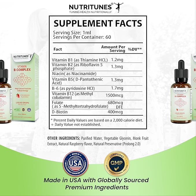 Liquid Vitamin B Complex–High-Potency and Complete B-Vitamin Drops for Energy, Metabolism, and Nervous System Support – Strawberry Flavored, Non-GMO, Sugar-Free – 60 Servings (2oz)