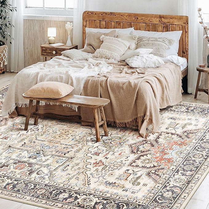 Area Rug for Living Room - 7x9 Soft Washable Oriental Vintage Floral Distressed Large Carpet - Fade Stain Resistant Non Slip Rugs for Bedroom Dining Room Nursery Dorm Office Home Decor - Multi