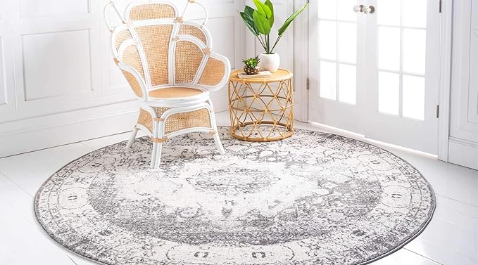 Unique Loom Rosso Collection Traditional, Vintage, Medallion, Border, Distressed, Southwestern Area Rug, 4 ft x 4 ft, Gray/Ivory