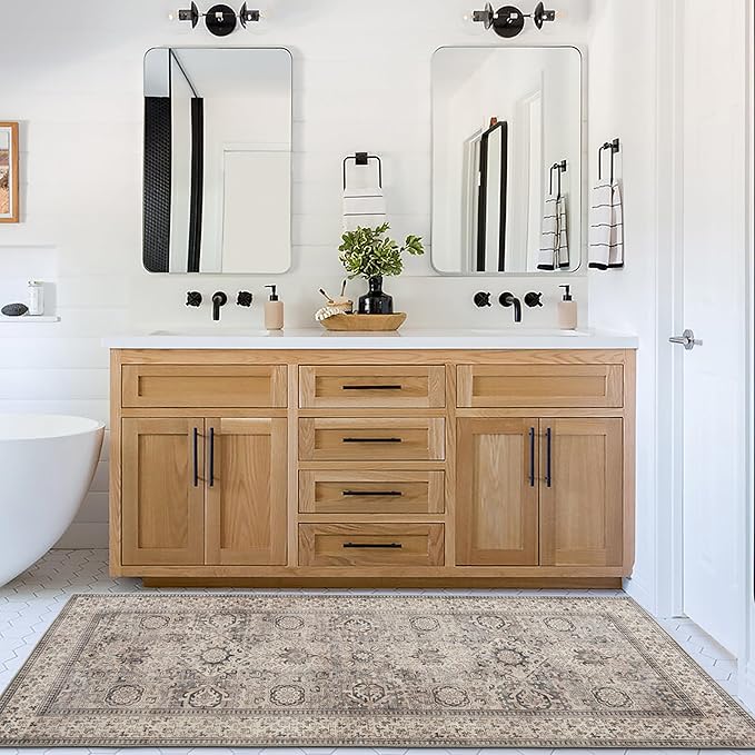 ReaLife Rugs Machine Washable Area Rug - Living Room Bedroom Bathroom Kitchen Entryway Office - Padded Low Pile Stain Resistant Premium - Boho Farmhouse Vintage - Paz - Beige Gray Ivory 2'6" x 6'