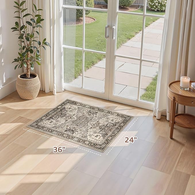 2x3 Washable Entryway Rug: Non-Slip Soft Small Indoor Area Rug for Bedroom Kitchen, Low Pile Stain-Resistant Durable Vintage Floral Carpet for Porch Laundry Kids Room Home Decor (Brown)