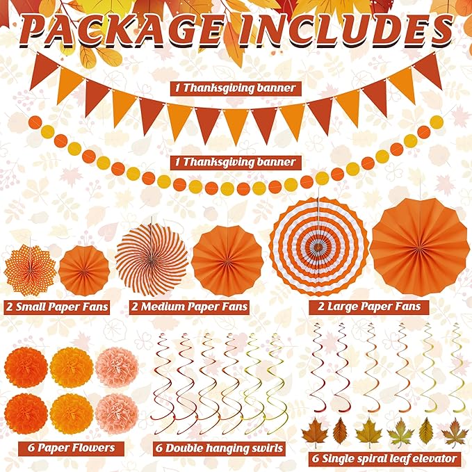 27PCS Thanksgiving Decorations, Happy Thanksgiving Banner, Orange Yellow Harvest Pompom Garland Paper Fan Hanging Swirls for Fall Harvest Party Decorations Decor Accessories Indoor Outdoor Supplies