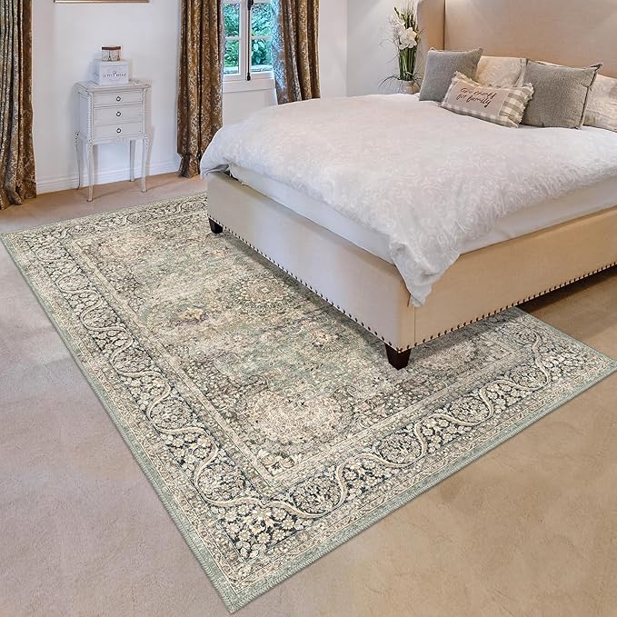 5X7 Area Rugs for Living Room - Large Washable Rugs 5x7 Vintage Rug Throw Low Pile Rug Non-Slip Distressed Carpet for Bedroom, Office, Kitchen,Entryway, Dining Room, Olive Charcoal