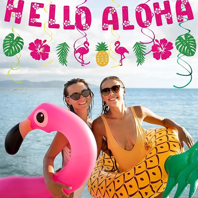 Hawaiian Aloha-Luau Flamingo Party-Decorations Supplies - 21pcs Hello Banner,Pool Paper Lanterns Honeycomb,Beach Theme Streamers Garland,Tissue Pom Poms Flowers Fan,Tropical Summer Tiki Decor Burgleda