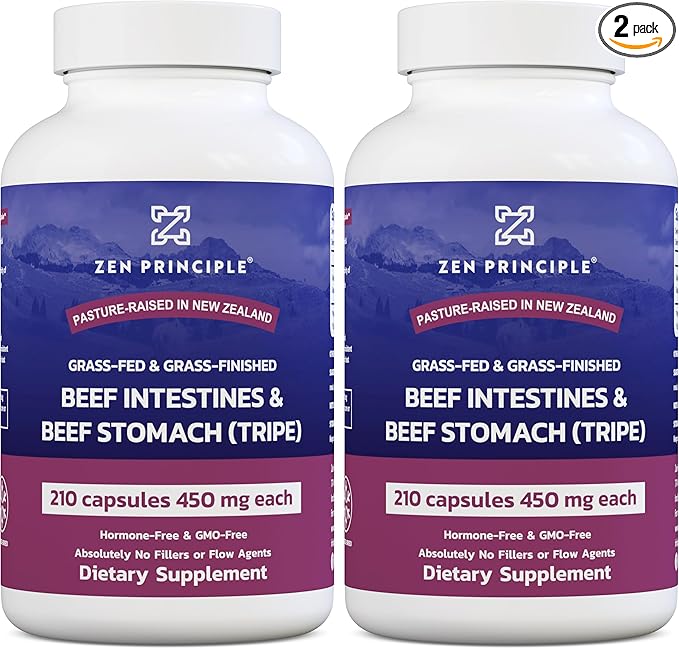 Zen Principle Grass Fed Beef Intestines with Stomach (Tripe) Supplement, Supports Digestive Health and Gut Balance, Supports Acid Reflux Balance, Natural Intestine Wellness, 2-Pack, 420 Capsules.