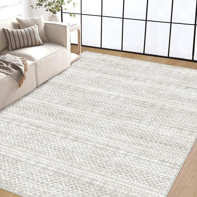 5'x7' Machine Washable Abstract Design Area Rug, Non Slip, Stain Resistant, Non-Fluffy Home Decor Living Room Carpet(Grey Beige 5x7)…