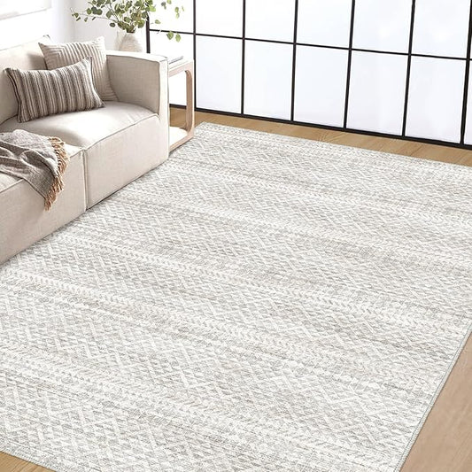 5'x7' Machine Washable Abstract Design Area Rug, Non Slip, Stain Resistant, Non-Fluffy Home Decor Living Room Carpet(Grey Beige 5x7)…