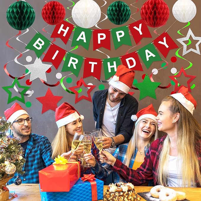 meowtastic Birthday Decorations, Happy Birthday Banner with Honeycomb Balls, Stars Hanging Swirl Streamers, Circle Dots Garland, Happy Birthday Party Decorations for Women Men Boys Girls (Red & Green)