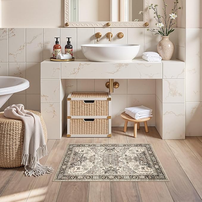 2x3 Washable Entryway Rug: Non-Slip Soft Small Indoor Area Rug for Bedroom Kitchen, Low Pile Stain-Resistant Durable Vintage Floral Carpet for Porch Laundry Kids Room Home Decor (Brown)