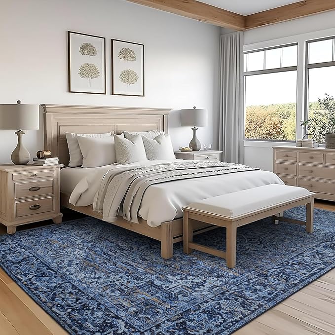 ReaLife Rugs Machine Washable Area Rug - Living Room Bedroom Bathroom Kitchen Entryway Office - Padded Low Pile Stain Resistant Premium - Boho Vintage Traditional - Lyle - Blue 5' x 7'