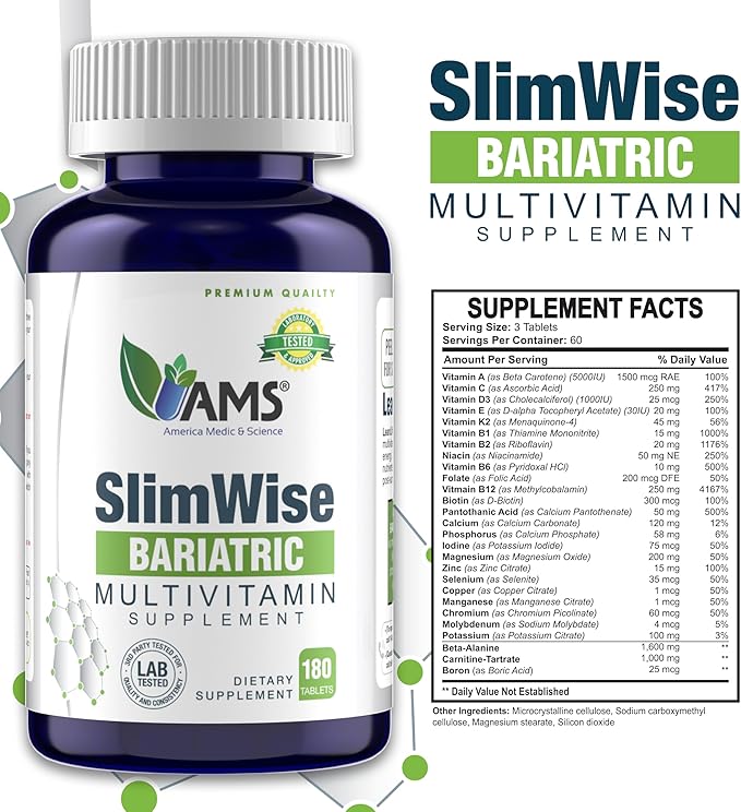 America Medic & Science SlimWise Bariatric Multivitamin – 180 Caplets | 2-Month Supply | Post Gastric Bypass & Sleeve Support | Iron, B12, Vitamin D3, Folate | Easy-to-Swallow Bariatric Vitamins