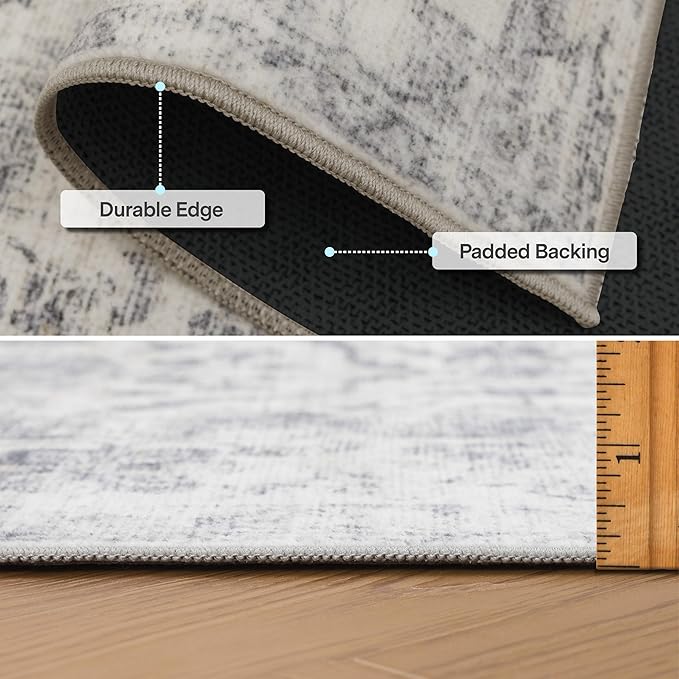 ReaLife Rugs Machine Washable Area Rug Runner - Living Room Bedroom Bathroom Kitchen Entryway Office - Padded Low Pile Stain Resistant Premium - Boho Farmhouse Vintage - Noor - Ivory Grey 2'6" x 8'