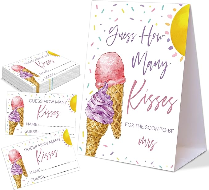 Pink & Purple Ice Cream Themed How Many Kisses for The Soon to Be Mrs, 1 Tabletop Sign and 50 Cards, How Many Kisses Bridal Shower Game for Bachelorette Night Wedding Event & Party Supplies