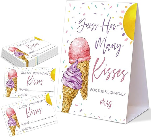 Pink & Purple Ice Cream Themed How Many Kisses for The Soon to Be Mrs, 1 Tabletop Sign and 50 Cards, How Many Kisses Bridal Shower Game for Bachelorette Night Wedding Event & Party Supplies