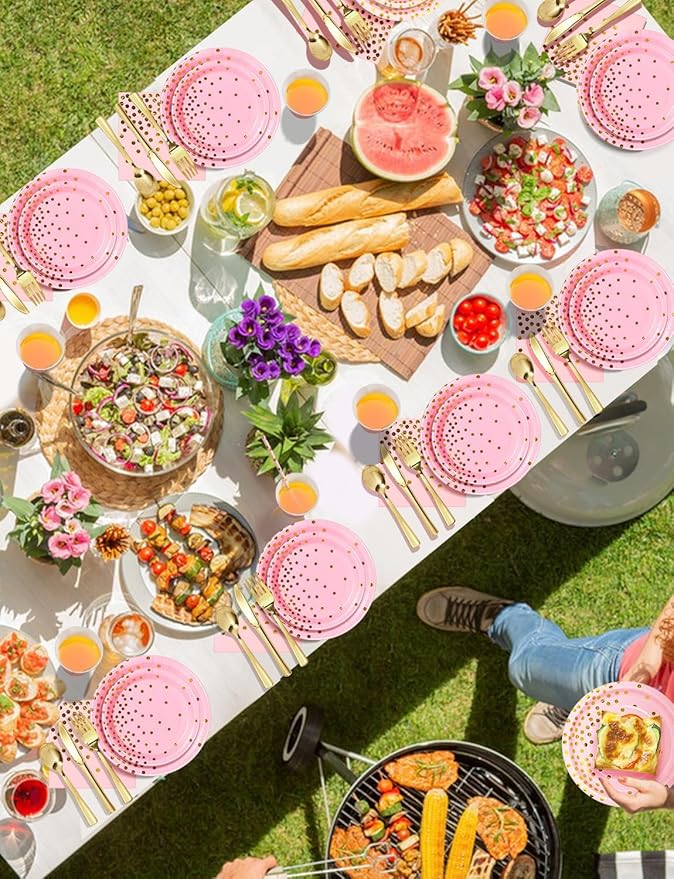 141 Pieces Pink and Gold Party Supplies, Disposable Party Decorations Sets Include Paper Plates Napkins Cups, Plastic Forks Knives Spoons, for Baby Shower Birthday Wedding -20 Guests