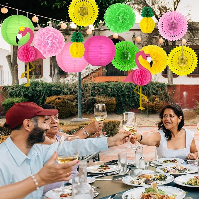Heartome 13PCS Hawaiian Party Decorations, Luau Party Decorations, Flamingo and Pineapple Honeycomb Paper Flowers Fans and Ball Lanterns for Summer Tropical Beach Party Decorations Supplies Favors
