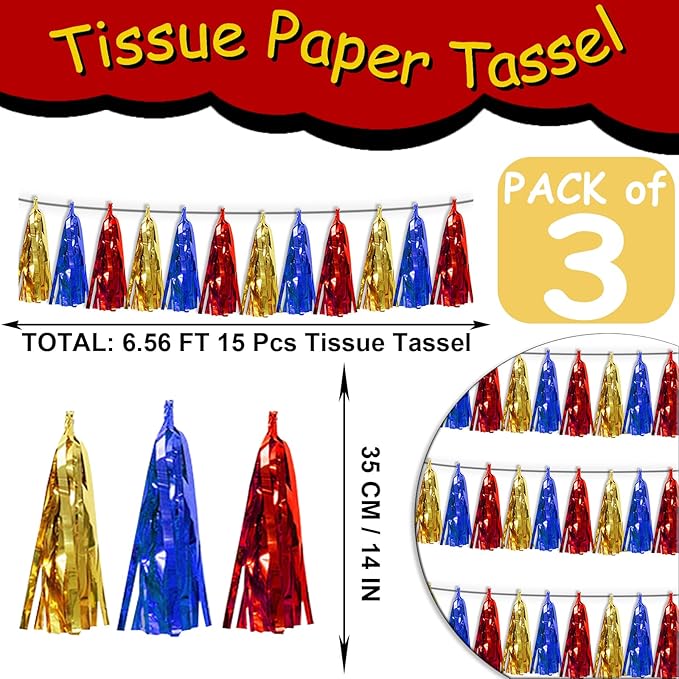 3P Gold Blue Red Foil Fringe Tassel Banner Metallic Tinsel Streamer Garland Wall Curtain Backdrop for Parade Floats, Graduation, Halloween, Christmas, Baby Bridal Shower Party Decorations