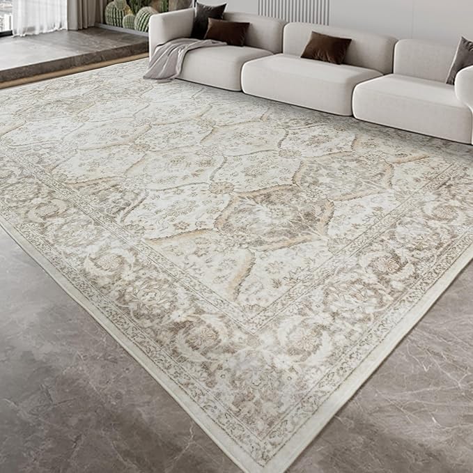 7x9 Machine Washable Non Slip Vintage Area Rugs for Living Room, Low Pile Lightweight Print Rug for Bedroom, Dining Room, Home Office, Beige Gray