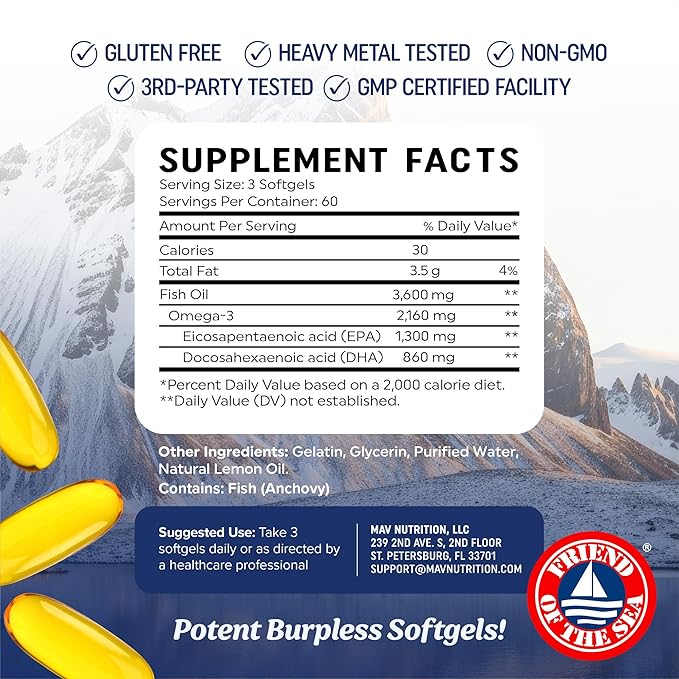 Triple Strength Omega 3 Fish Oil 3600 mg | EPA & DHA | Over 2100mg Omega-3 Fatty Acids | 1300mg EPA + 860mg DHA | Best Essential Fatty Acids | Premium Wild Caught & Burpless Fish Oil | 180 Ct