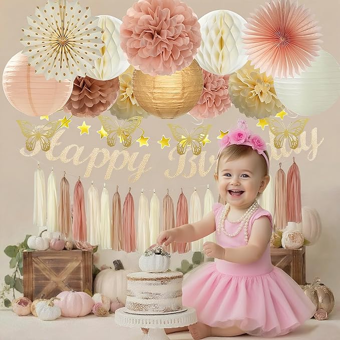 Party Decorations for Women Girls With Happy Birthday Banner Champagne Gold Fringe Curtain Hanging Swirls Butterfly Boho Paper Lanterns Pom Poms Fan Backdrop Decor (Champagne Gold Party Decorations)