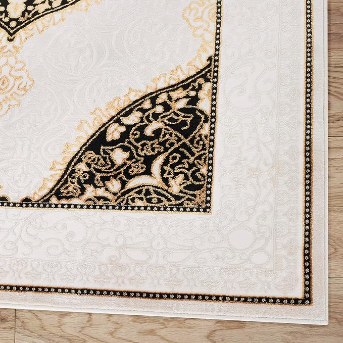 Antep Rugs Babil Gold 5x7 Oriental Bordered High Low Textured Traditional Indoor Area Rug, Beige Black, 5'3" x 7'