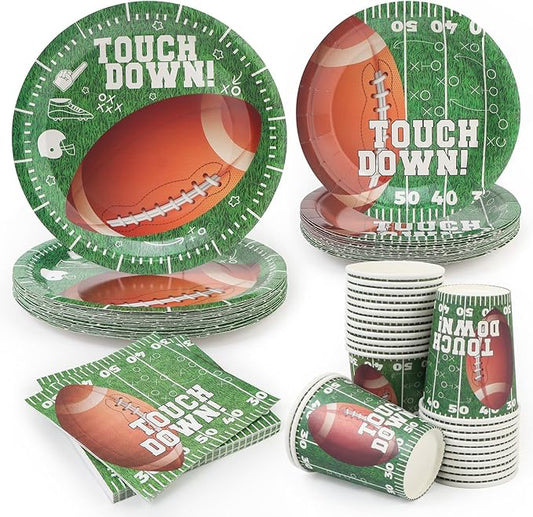 96pcs Football Paper Plates and Napkins Cups Rugby Field Theme Disposable Tableware Set for 24 Guest Kids Picnic Party Celebratory Banquet Table Supplies Decorations