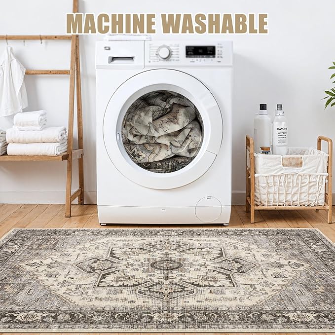 Area Rug for Living Room - 10x14 Soft Machine Washable Oriental Vintage Floral Distressed Large Indoor Floor Carpet for Bedroom Under Dining Table Home Office Decor - Grey Brown