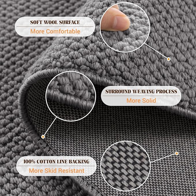 Shilucheng Wool Rug 8x10 Non-Slip, Blend 80% Wool and 20% Cotton Rugs for Living Room, Bedroom, Dinning Room, Soft Durable Cotton Backing Modern Area Rug (Gray)