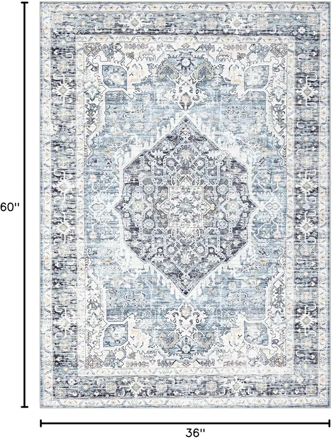 Area Rug 3×5, Vintage Boho Rug,Ultra-Soft Low Pile, Washable, Non Slip,Stain Resistant Printed Carpet for Living Room Bedrooms Playroom Office Kitchen, Light Blue